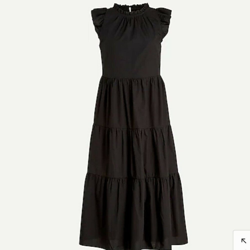 J. Crew Tiered Ruffle-Sleeve Cotton Poplin Dress A-Line Skirt Black Small